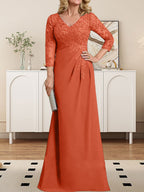 Etuikleid/Säulenkleid mit V-Ausschnitt, Illusion-Detail, bodenlang, aus Chiffonspitze und plissierten Pailletten für die Mutter der Braut 
