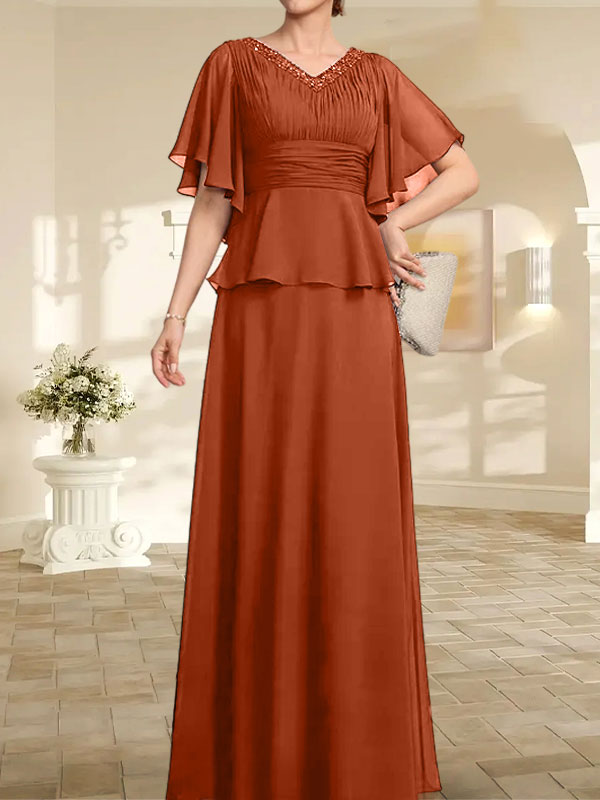 Vestido de gasa para madre de la novia, corte A, escote en V, largo hasta el suelo, con cuentas plisadas