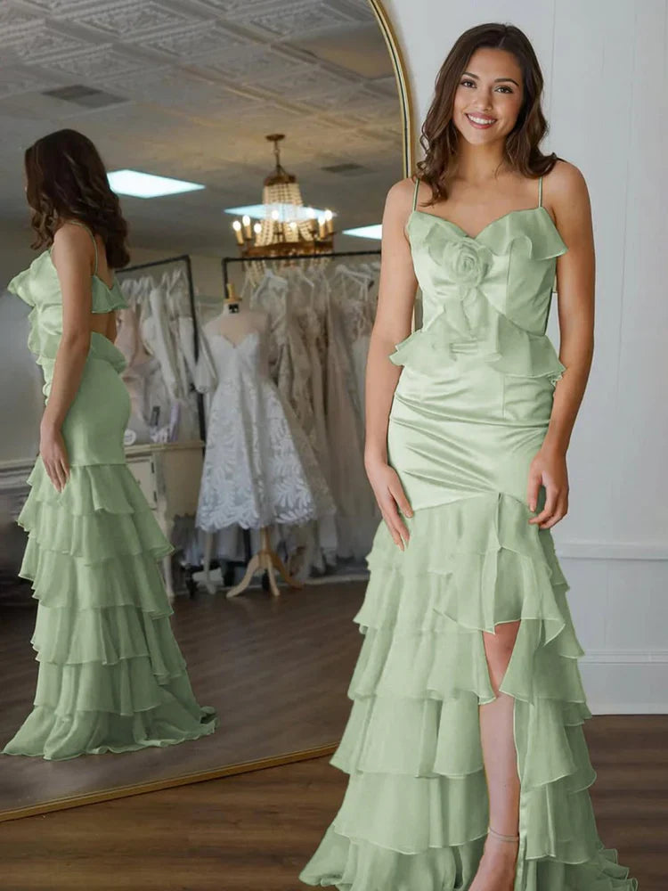Buttercup 3D-Rosen-Rüschen-Stufenkleid mit Spaghettiträgern für den Abschlussball
