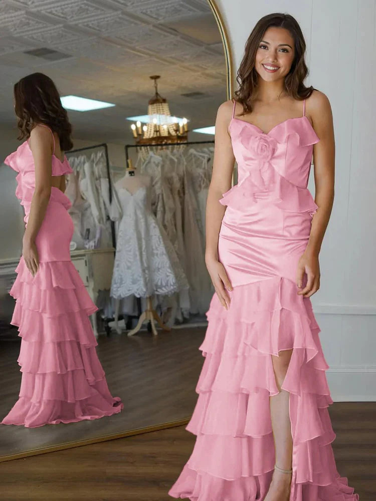 Buttercup 3D-Rosen-Rüschen-Stufenkleid mit Spaghettiträgern für den Abschlussball