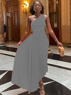 Lady Roll Waist Sleeveless Pleated Ruched A-line Dress Women One Shoulder Sexy Prom Evening Dresses Fahion Chothing