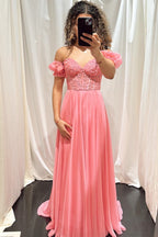 Schulterfreies, A-Linien-Abendkleid aus Chiffon mit Applikationen und Schnürung 
