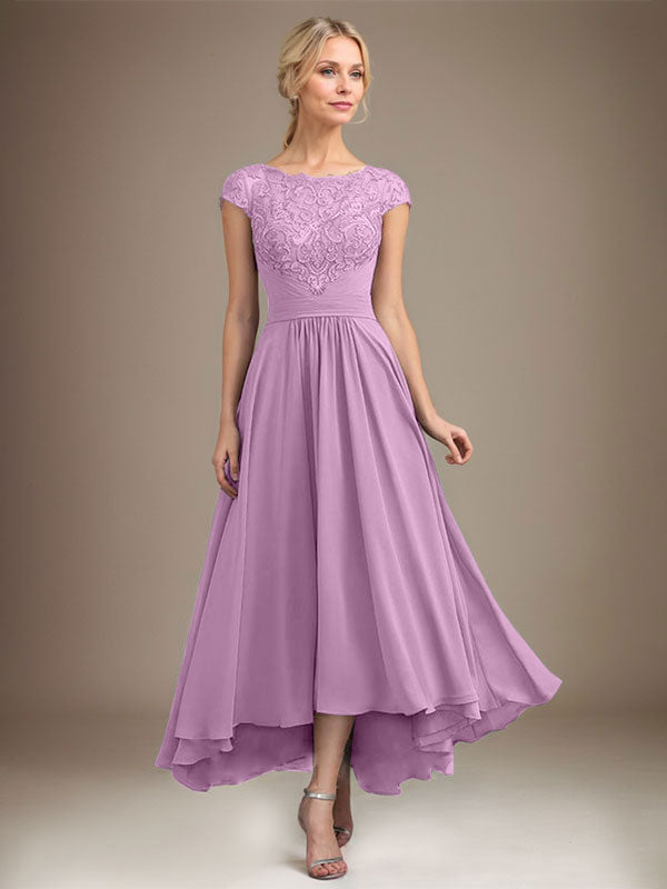 A-Linien-Kleid aus Chiffon mit asymmetrischem, plissiertem Spitzeneinsatz und Illusion-Ausschnitt für die Mutter der Braut 