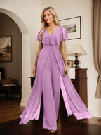 Jumpsuit/Hosenanzug, bodenlanges Chiffon-Abendkleid mit V-Ausschnitt
