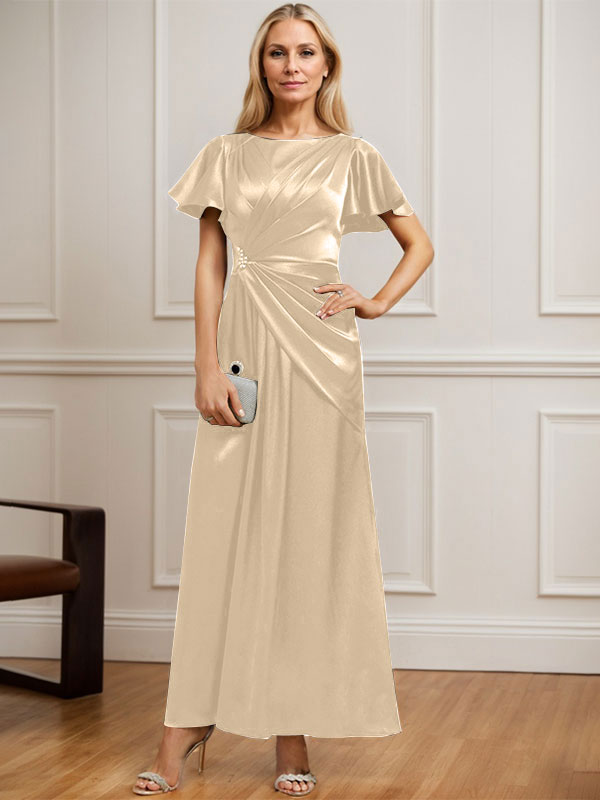 Vestido de madre de la novia de satén elástico con escote redondo y largo hasta los tobillos, corte en A y cuentas plisadas 