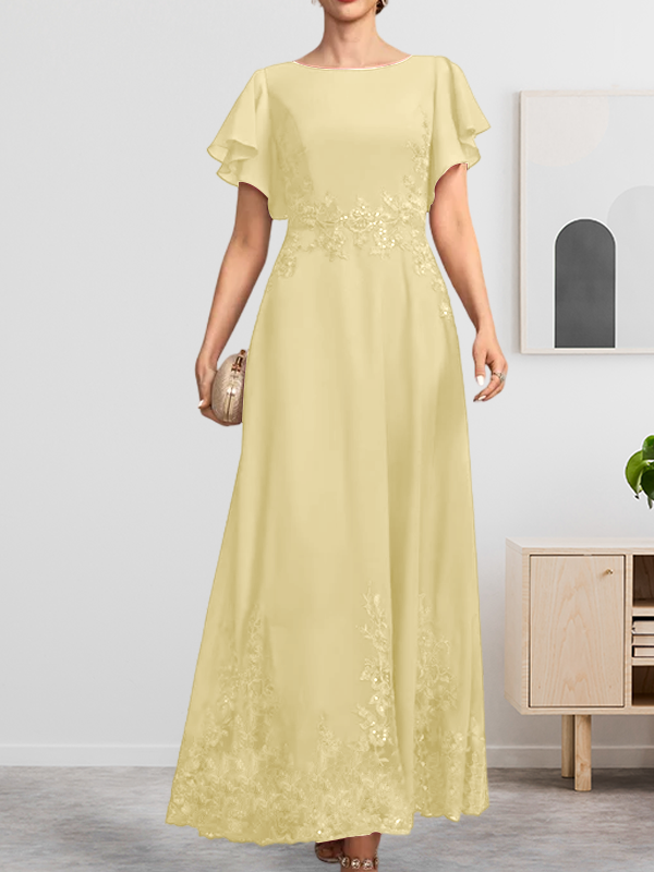 Vestido de gasa con encaje y lentejuelas para madre de la novia, corte A, escote redondo hasta los tobillos