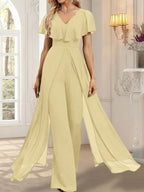 Jumpsuit/Hosenanzug, bodenlanges Chiffon-Abendkleid mit V-Ausschnitt
