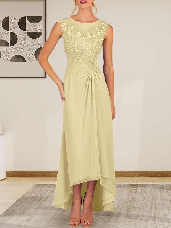 Champagnerfarbenes A-Linien-Chiffonkleid mit Rundhalsausschnitt und Spitze