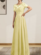 Vestido de gasa con encaje y lentejuelas para madre de la novia, largo hasta el suelo, con escote en A y ilusión