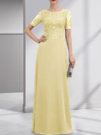 A-Linien-Kleid aus Chiffon mit Pailletten und Rundhalsausschnitt, bodenlang, für die Mutter der Braut