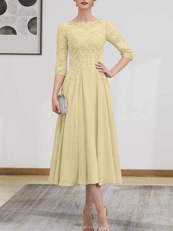 A-Linien-Kleid mit U-Boot-Ausschnitt, Illusion-Detail, Teelänge, Chiffonspitze, Perlenstickerei und Pailletten für die Mutter der Braut