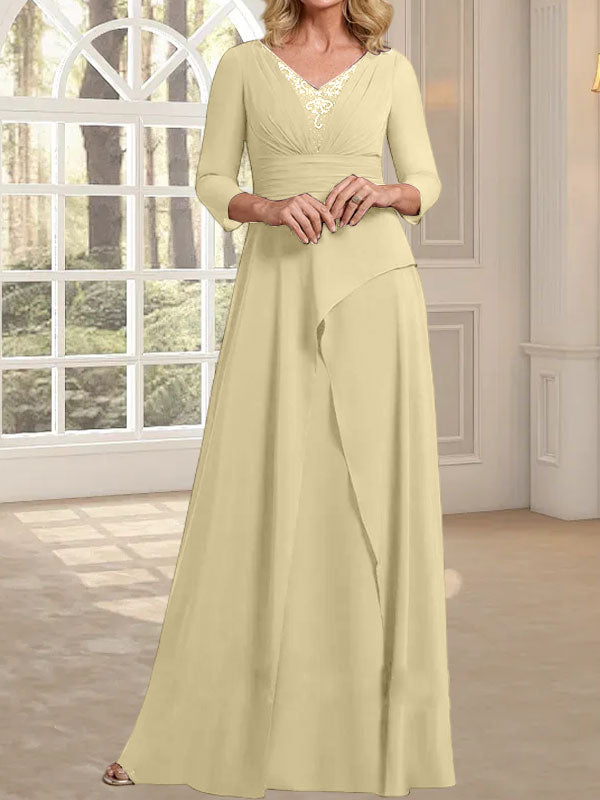 A-Linien-Kleid aus Chiffon mit V-Ausschnitt, bodenlang, für die Mutter der Braut, mit plissierter Perlenstickerei