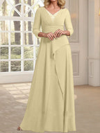 A-Linien-Kleid aus Chiffon mit V-Ausschnitt, bodenlang, für die Mutter der Braut, mit plissierter Perlenstickerei