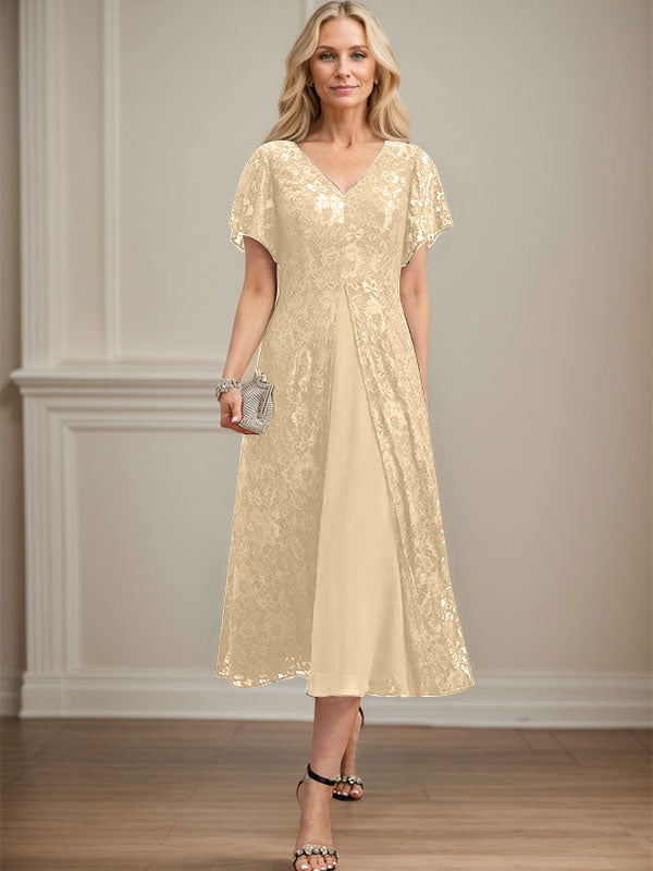 A-Linien-Kleid aus Chiffon mit V-Ausschnitt und Teelänge für die Mutter der Braut 