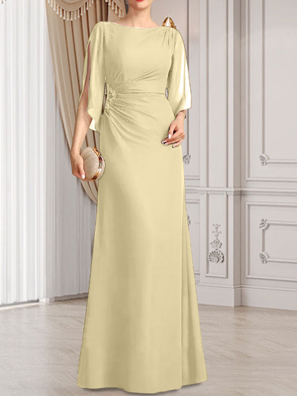 Etui-/Säulen-Chiffonkleid in Bodenlänge für die Mutter der Braut mit plissierter Perlenstickerei