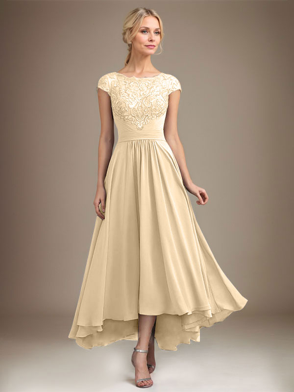 A-Linien-Kleid aus Chiffon mit asymmetrischem, plissiertem Spitzeneinsatz und Illusion-Ausschnitt für die Mutter der Braut 