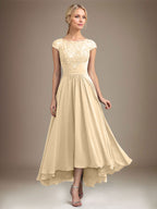 A-Linien-Kleid aus Chiffon mit asymmetrischem, plissiertem Spitzeneinsatz und Illusion-Ausschnitt für die Mutter der Braut 