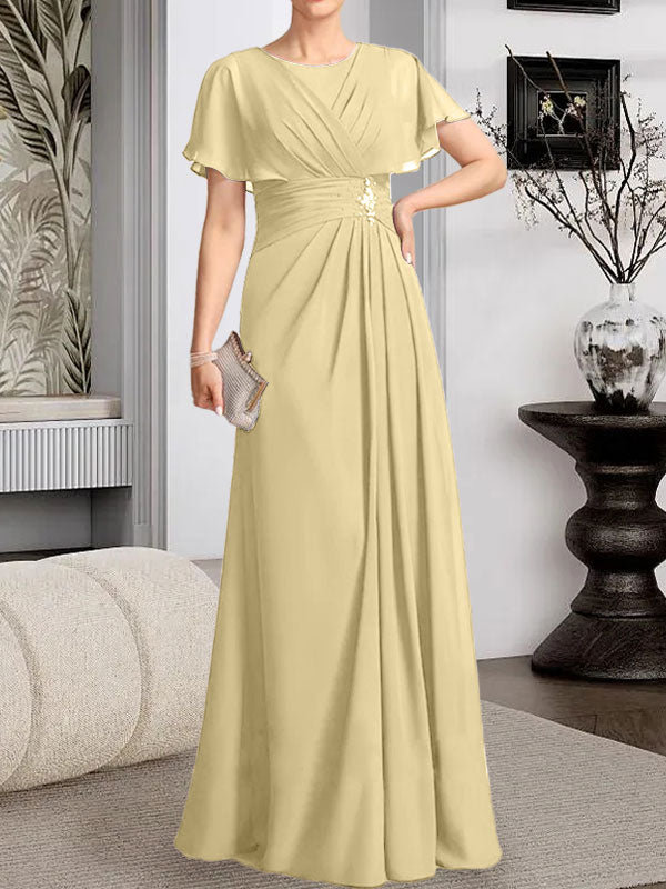 A-Linien-Kleid aus Chiffon mit Rundhalsausschnitt und bodenlanger Verarbeitung, verziert mit plissierten Perlen.