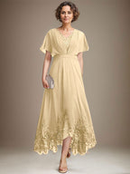A-Linien-Kleid aus Chiffon mit asymmetrischem V-Ausschnitt und Spitze für die Mutter der Braut mit Falten