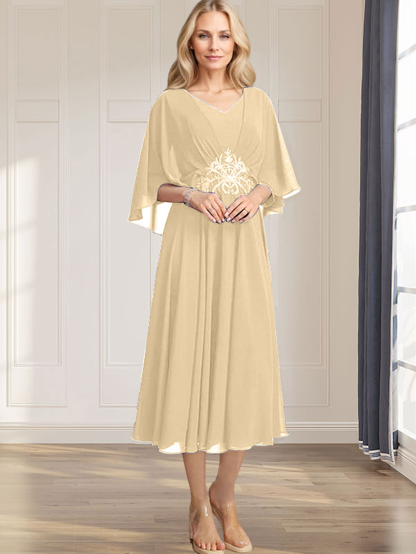 A-Linien-Kleid aus Chiffon mit V-Ausschnitt, Teelänge, plissierten Paillettenapplikationen und Perlenstickerei für die Mutter der Braut 