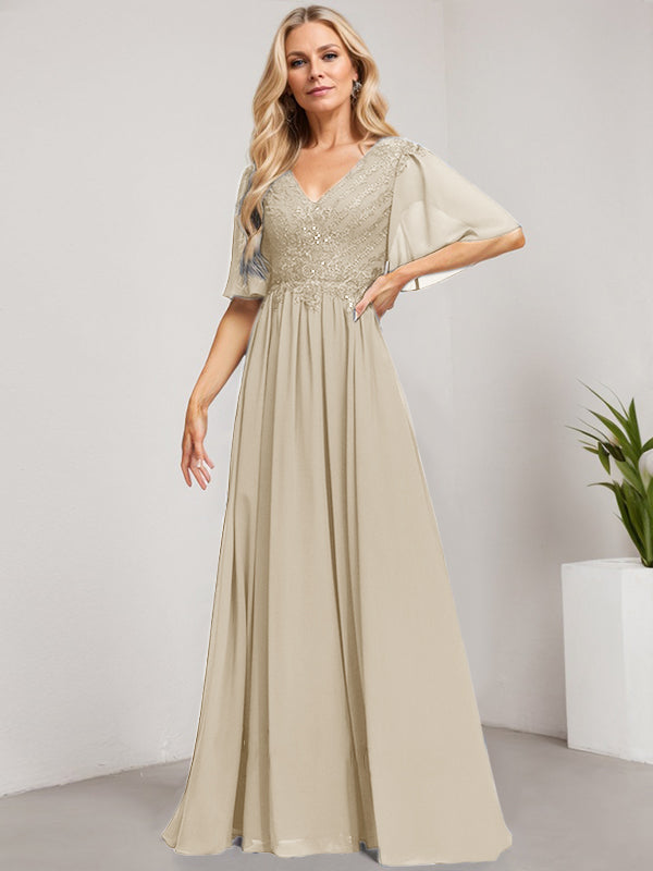 A-Linien-Kleid aus Chiffon mit V-Ausschnitt, bodenlang, mit Pailletten besetzt – ideal für die Mutter der Braut 