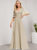 A-Linien-Kleid aus Chiffon mit V-Ausschnitt, bodenlang, mit Pailletten besetzt – ideal für die Mutter der Braut 