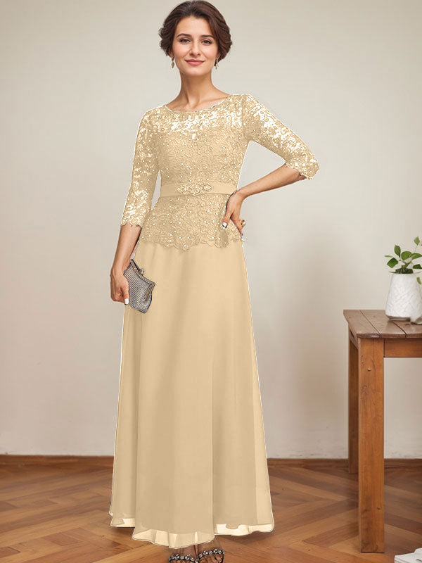 A-Linien-Kleid mit U-Boot-Ausschnitt, Illusion-Detail, knöchellang, aus Chiffon und Spitze mit Strassperlen für die Mutter der Braut. 