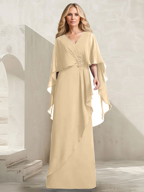 A-Linien-Kleid aus Chiffon mit V-Ausschnitt, bodenlang, mit Kaskadenrüschen und Perlenstickerei für die Mutter der Braut. 