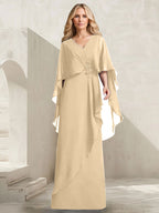 A-Linien-Kleid aus Chiffon mit V-Ausschnitt, bodenlang, mit Kaskadenrüschen und Perlenstickerei für die Mutter der Braut. 