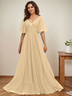 A-Linien-Kleid aus Chiffon mit V-Ausschnitt, bodenlang, mit Paillettenapplikationen, Spitze und Falten für die Mutter der Braut 