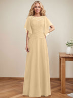 A-Linien-Kleid mit Rundhalsausschnitt, Illusion-Effekt, bodenlang, aus Chiffon und Spitze mit Pailletten – das perfekte Brautmutterkleid 