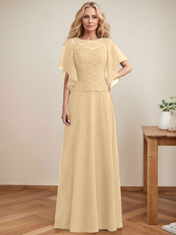 Vestido de madre de la novia de gasa con encaje, ilusión, largo hasta el suelo, corte A y lentejuelas 