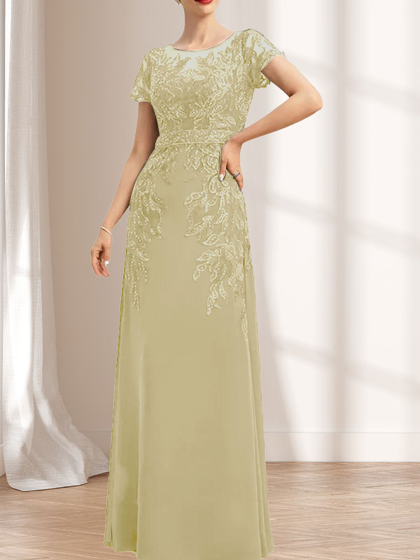 Etuikleid/Säulenkleid mit Illusion-Ausschnitt, bodenlang, aus Chiffon und Spitze mit Pailletten für die Mutter der Braut