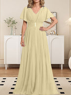 A-Linien-Chiffonkleid mit V-Ausschnitt, bodenlang, für die Mutter der Braut, mit Kristallbrosche und Falten 