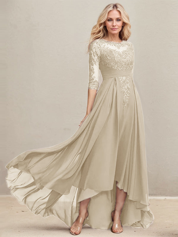 A-Linien-Kleid mit asymmetrischem Ausschnitt, Illusion-Effekt, Spitze und Chiffon, verziert mit plissierten Pailletten, ideal für die Mutter der Braut 