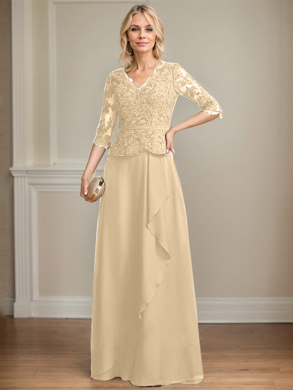 Vestido de gasa con encaje y escote en V hasta el suelo para madre de la novia con volantes en cascada y lentejuelas 