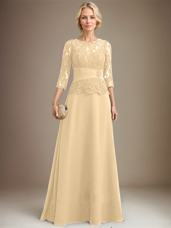 Vestido de gasa con encaje y escote en A, ilusión, largo hasta el suelo, para madre de la novia, con lentejuelas plisadas y abalorios 