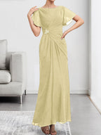 A-Linien-Chiffonkleid mit Rundhalsausschnitt, knöchellang, mit Perlenstickerei und Falten für die Mutter der Braut