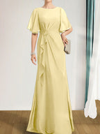 A-Linien-Kleid aus Chiffon in Bodenlänge für die Mutter der Braut mit kaskadenartigen Rüschen, Perlen und Pailletten
