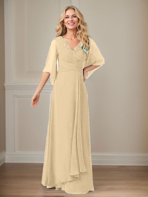 Vestido largo de gasa con lentejuelas y escote en V en forma de A para madre