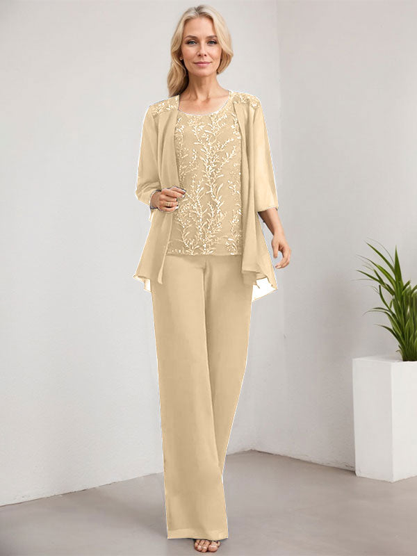 Zweiteiliger Jumpsuit/Hosenanzug, bodenlanges Chiffon-Kleid mit Spitze und Pailletten für die Mutter der Braut