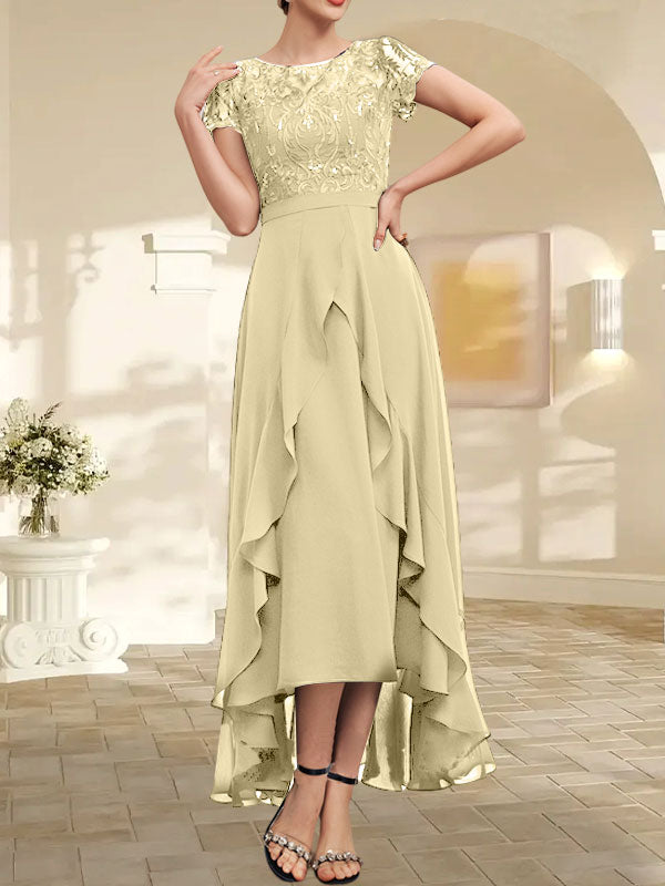 Vestido de madre de la novia de gasa asimétrica con escote en A, ilusión, encaje, lazo, volantes y lentejuelas 