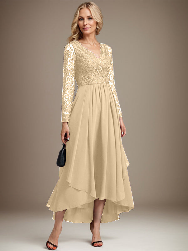 A-Linien-Kleid aus Chiffon mit V-Ausschnitt und asymmetrischer Spitze für die Mutter der Braut