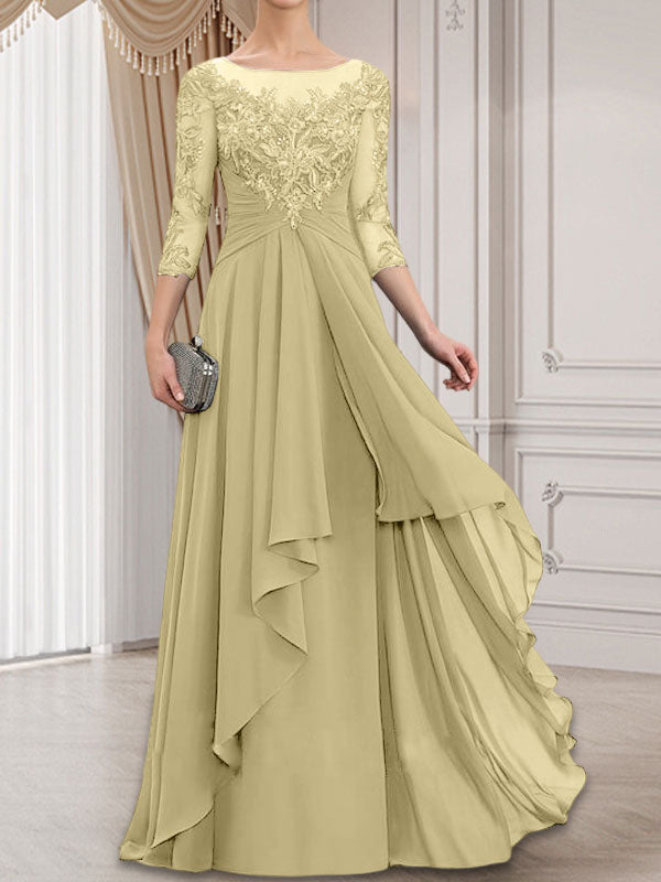 Vestido de gasa con encaje y volantes en cascada para madre de la novia, corte A, escote ilusión, largo hasta el suelo