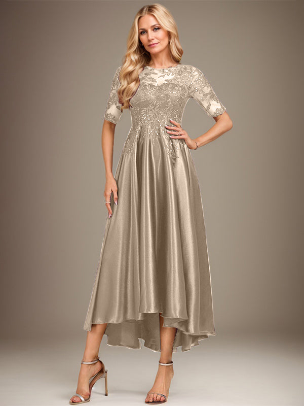 A-Linien-Kleid mit asymmetrischem, transparentem Ausschnitt, Stretch-Satinspitze und Pailletten für die Mutter der Braut 