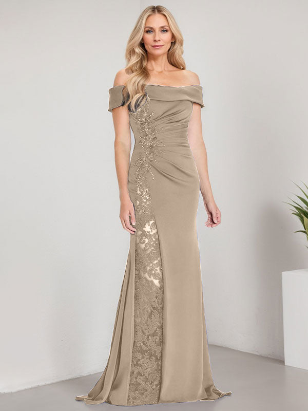 Vestido de sirena con escote en A, hombros descubiertos y largo hasta el suelo para madre de la novia, apliques y cuentas, con abertura alta 