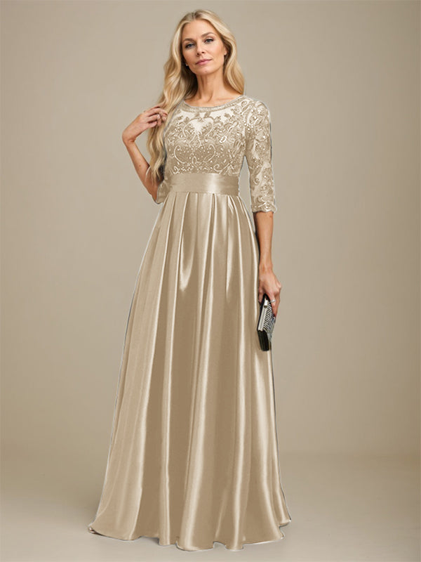 Vestido de madre de la novia de satén elástico con encaje, corte A, escote ilusión, largo hasta el suelo, con lazo y lentejuelas 