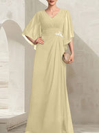 Vestido de gasa para madre de la novia, con escote en V, largo hasta el suelo, con lentejuelas plisadas y abalorios.