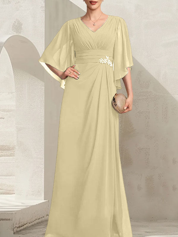 Vestido de gasa para madre de la novia, con escote en V, largo hasta el suelo, con lentejuelas plisadas y abalorios.