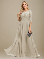A-Linien-Kleid aus Chiffon mit Paillettenapplikationen und Rundhalsausschnitt, bodenlang, für die Mutter der Braut 
